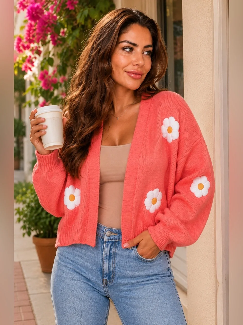 Bloom & Blossom Daisy Cardigan in Coral Pink - Picture 1 of 6